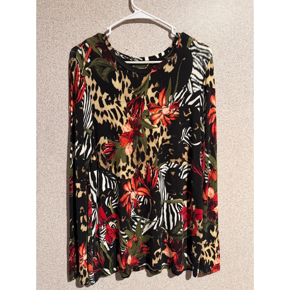 Chico's Women Size 1 M Mixed Animal Print Floral Long Sleeve Top Leopard Zebra